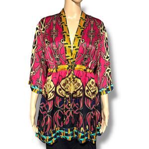 CAbi Womens Chelsea Erte Silk Kimono Tunic Top Blouse Shirt Tie Waist Large